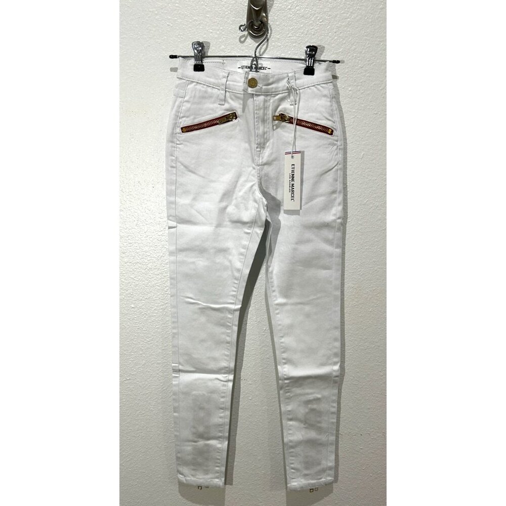 NWT Etienne Marcel White Denim Skinny Jeans With Red Zipper Detail, Size 24